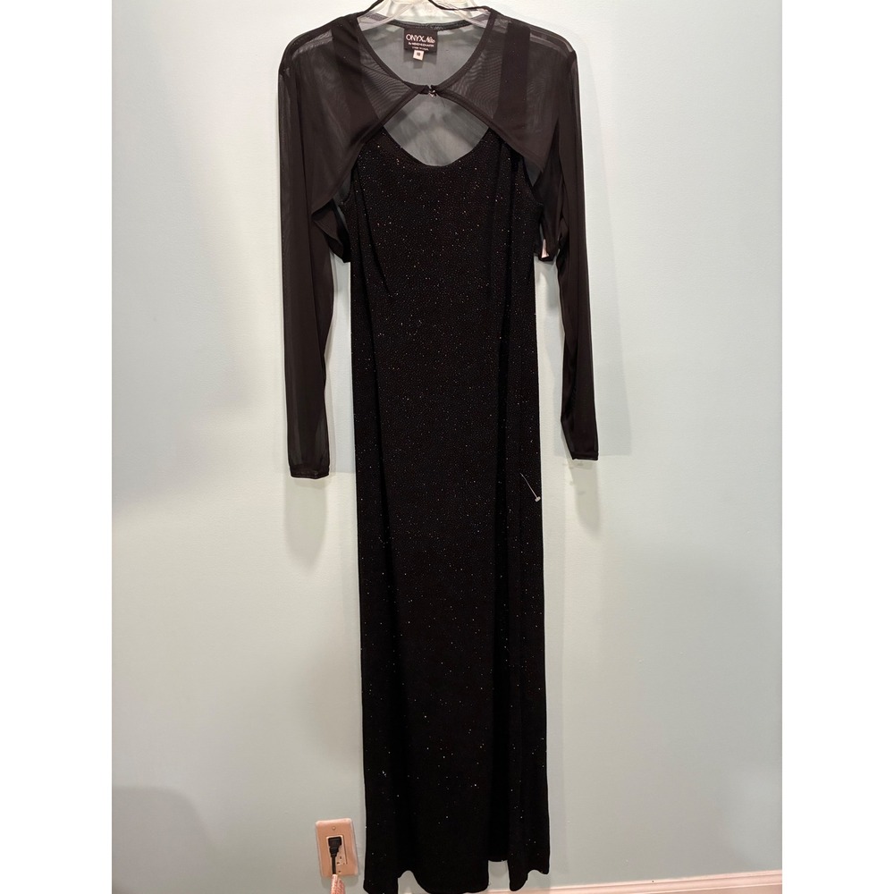 Onyx Nite Womens Glitter Maxi Dress with Sheer Mesh Bolero Shrug Set Black 18